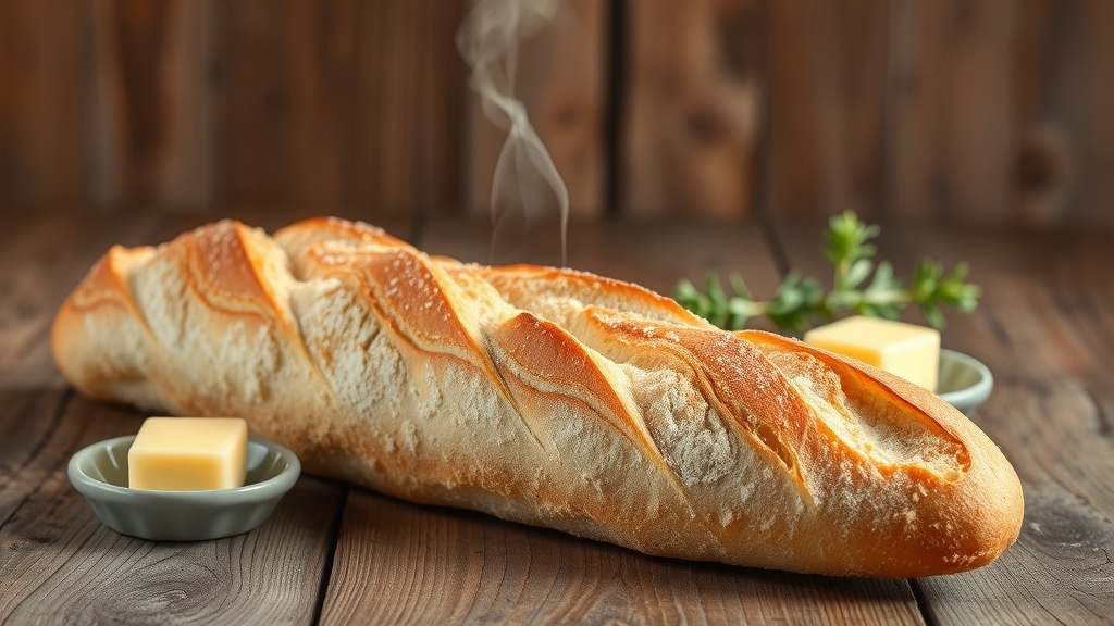 Classic French Baguette Recipe A golden-brown baguette on a rustic table with butter.